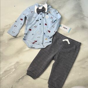 Jason Wu Baby Blue Car Print Onesie with Herringbone Pants Set 3 Pc Cotton 6/9 M